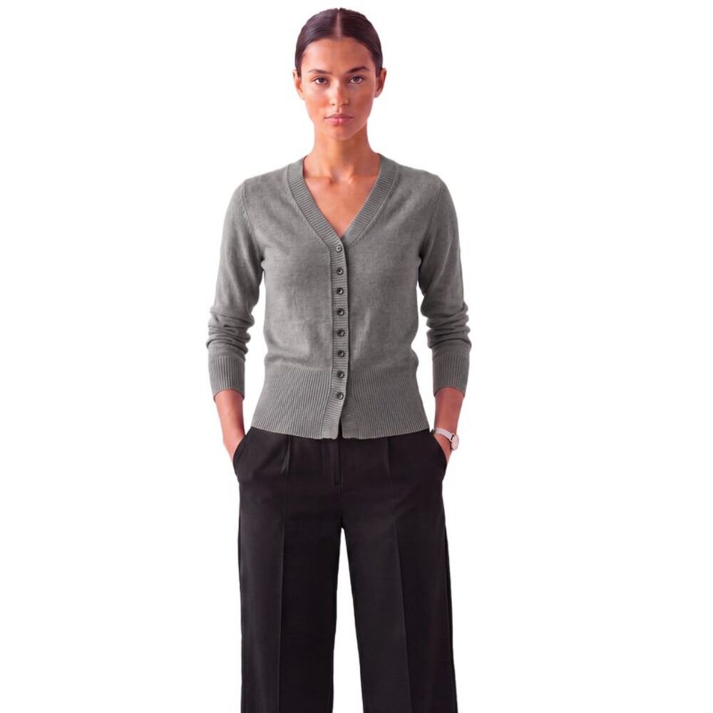 Women Knit Cardigan Long Sleeve Cinched Waist V Neck Office Tops Grey